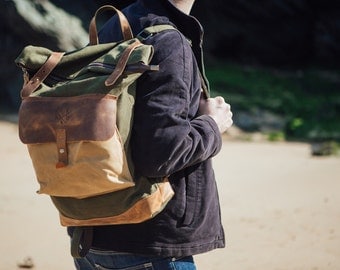 Waxed Canvas Backpack / Rolltop with brown leather / Waxed Canvas Rucksack / Laptop Bag / Vintage Backpack
