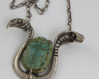 Antique 20's Egyptian Scarab Sterling Necklace Vulture and Serpent Rare