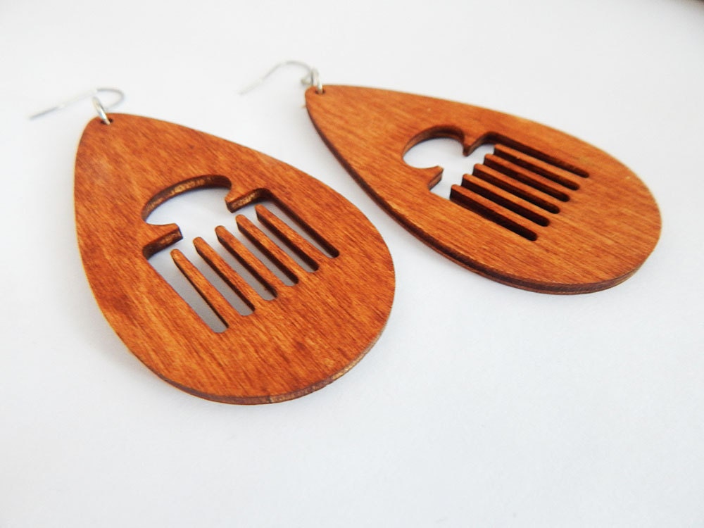 Afro Pick Earrings Wooden African Earring Natural Wood Brown
