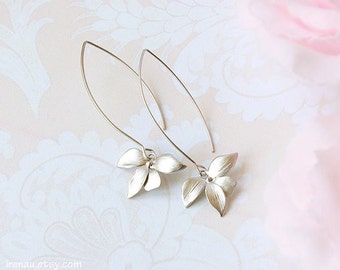 Silver orchid earrings, long dangle earrings, modern everyday earrings, matte silver flower earrings, silver bridal earrings girlfriend gift