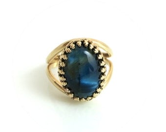 Blue Tiger Eye Ring, Gold Ring, Tiger's Eye Jewellery, Blue Ring, Oval Gold Ring, Tiger Eye Gemstone, Gift for Her