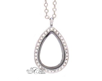 Floating Locket • Tear Drop • Memory Necklace with Crystals • Holds Floating Charms - LOC54