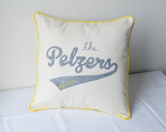 Gray Last Name Felt Pillow Cover Cotton Anniversary Gift Embroidered Decorative Personalized Wedding Family
