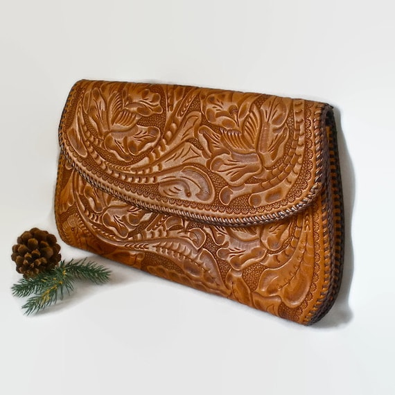 Clutch Hand Tooled Leather Purse Bag Laced Collectible Vintage