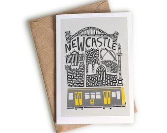 Newcastle City Card, Metro Train Notecard, Mid Century Modern Illustration, Cityscape Greeting Card, Birthday Card, Leaving Gift, Travel