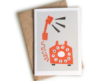 Retro Style Telephone Card, Vintage Objects, Mid Century Modern Style Design, Pop Art, Card Keeping in Touch, Quirky Illustrated Card