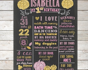 Pumpkin Pink and Gold First Birthday Chalkboard, ANY AGE,Pumpkin 1st Birthday Chalkboard Poster,1st Birthday Chalkboard Sign,Printable File