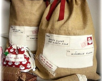Rustic Hand Made Embroidered Hessian/Burlap Christmas Sack/SANTA Sack /Extra Large Sac/Christmas sac/Custom Name Christmas Bag/Holiday Sacks