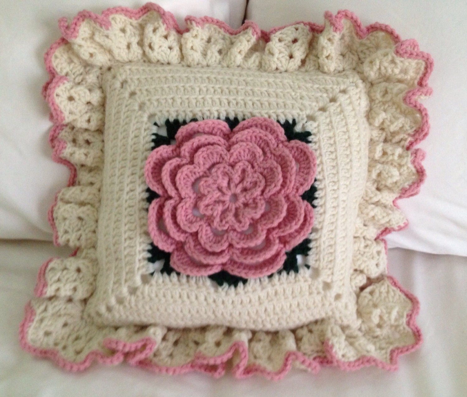 Handmade Crochet Pillow Off White Pink Rose Crochet Pillow