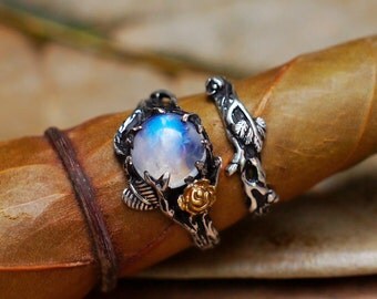 Set of 2 Cleo+Mio Ring Set READY TO SHIP Moonstone Engagement Ring, Wedding Ring Set, Wedding Band, Stacking Ring Set, moonstone ring set