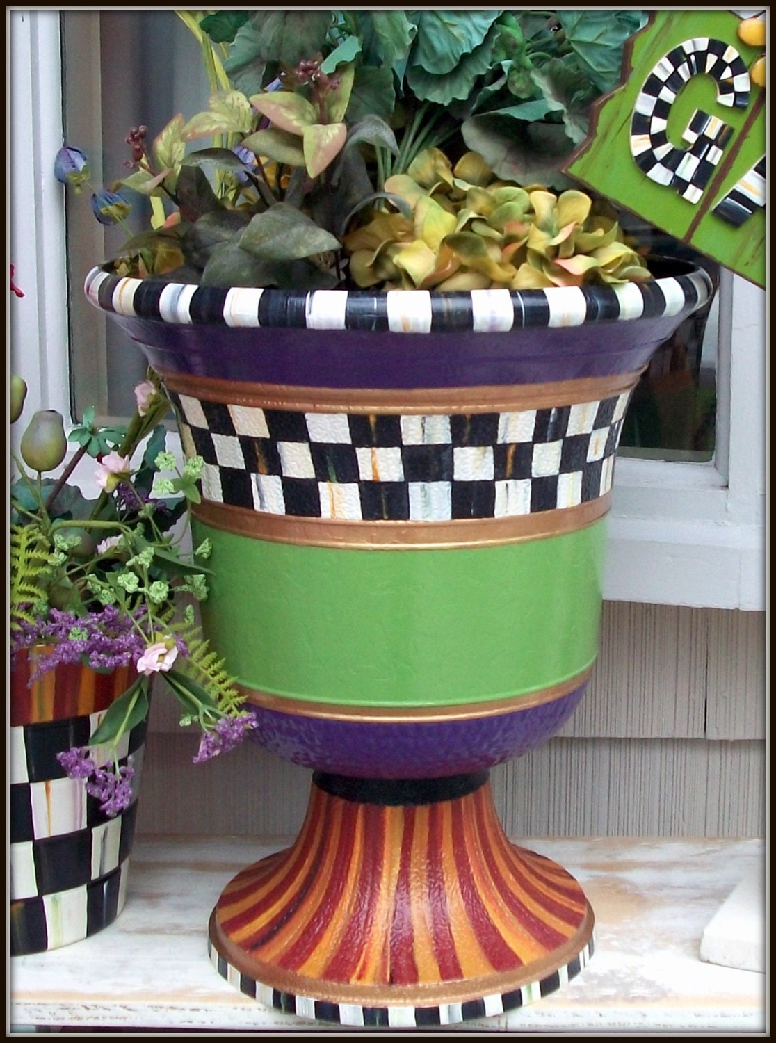 Huge Whimsical Hand Painted Urn Flower Pot Planter in Artsy