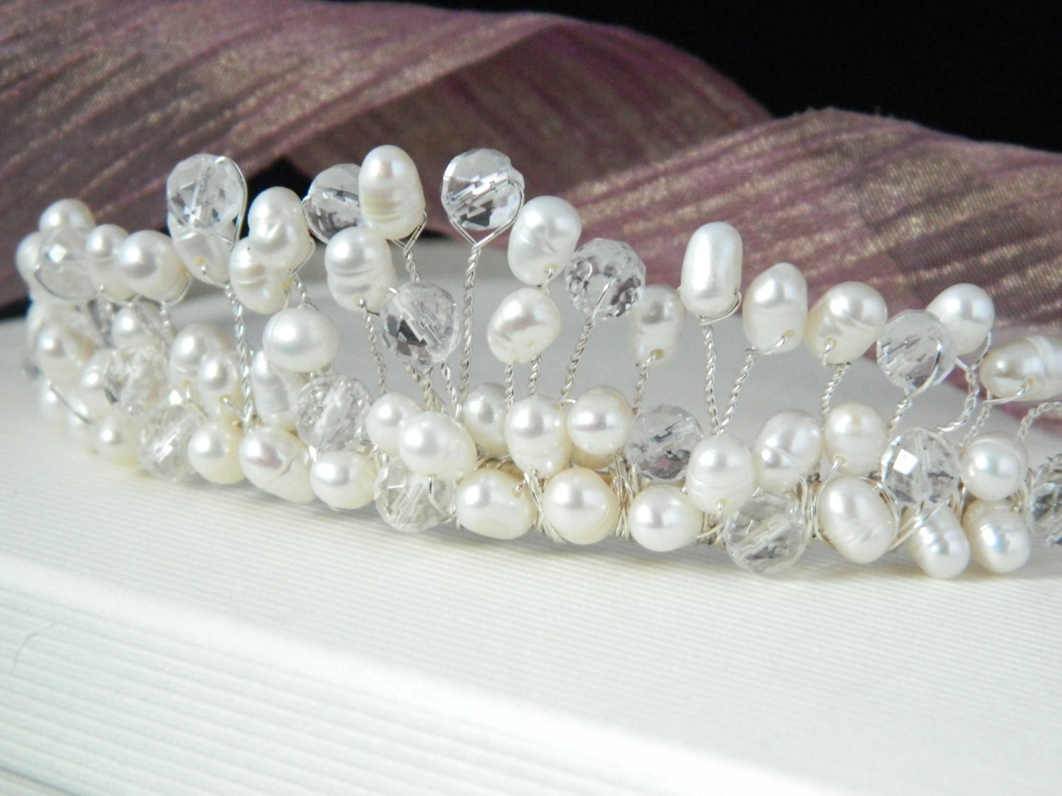 White Freshwater Pearl & Clear Quartz Tiara Bridal Tiara