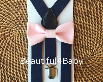 Blush Baby Bow Tie, Pink Baby Bow Tie, Toddler Bow Tie, Blush Bow Tie and Navy Suspenders Set- 6 Months to 5 Years Old