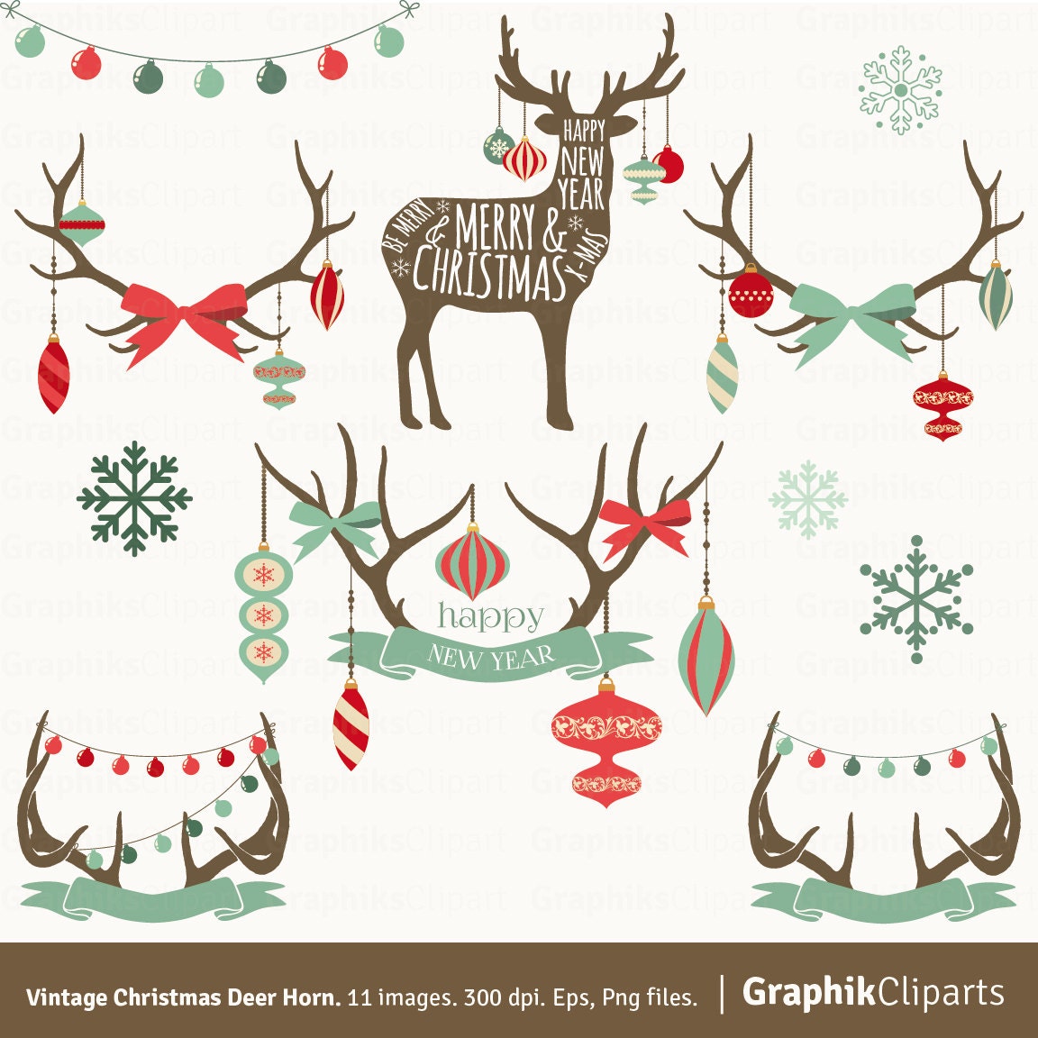 Vintage Christmas Deer Horn Clip Art. CHRISTMAS CLIP