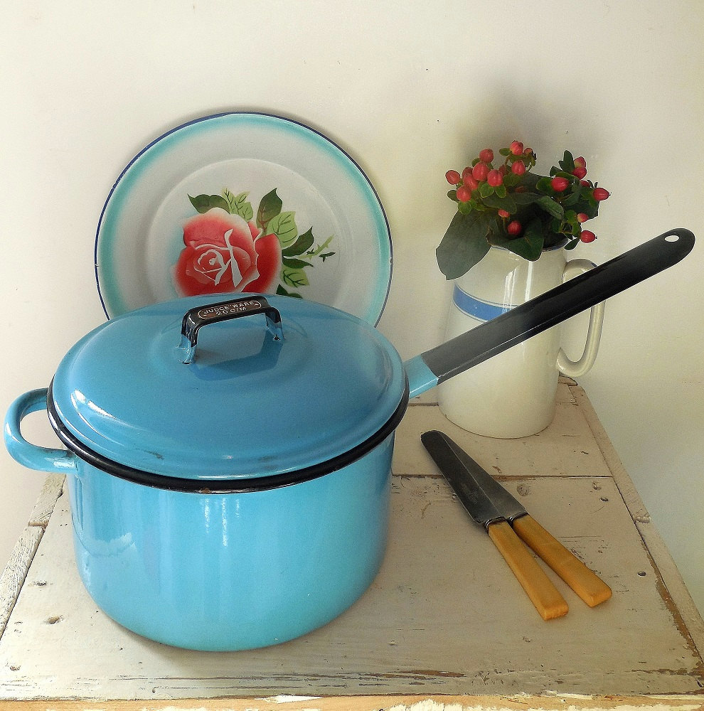 Heavy vintage blue enamel saucepan with iron base. by EmmaAtLHV