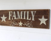 Wooden "FAMILY" sign with Vintage White Stars, Brown Wood, Distressed, Rustic Country, Primitive, Vintage Farmhouse Antique Decor