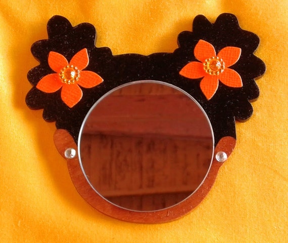 Mirror Girl Laser Cut Wood with Black Afro Puff Hairstyle