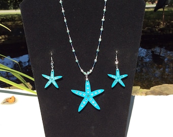 Turquoise Starfish necklace and earring set with inset Swarovski crystals