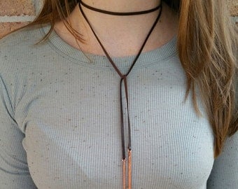 Leather wrap necklace w/ copper charms