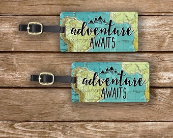Luggage Tag Set Adventure Awaits Vintage Map Metal Luggage Tag Set With Printed Custom Info On Back, 2 Tags Choice of Straps Version 1