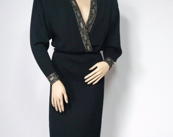 Dress St. John Black Knit Dress Studded Sweater Dress 1980's Designer Big Shoulder V Neck Dress Size 10