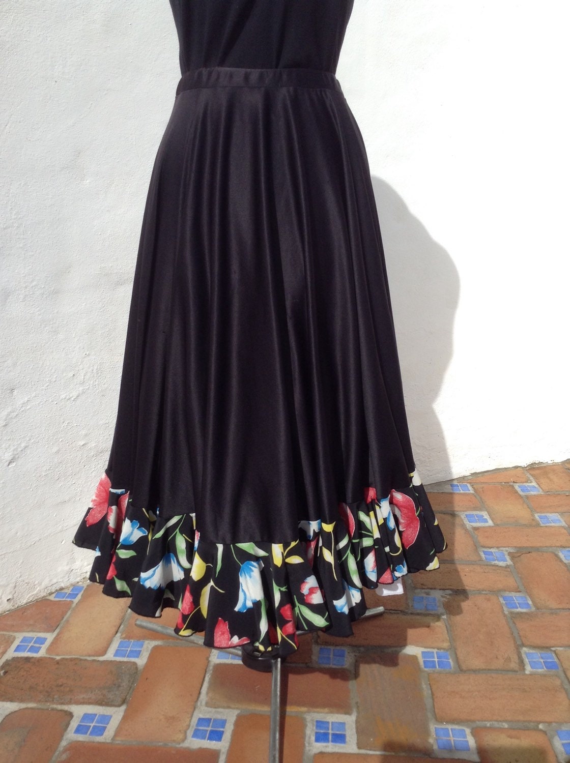 Vintage Spanish Black Flamenco Skirt with Floral Frill Frida