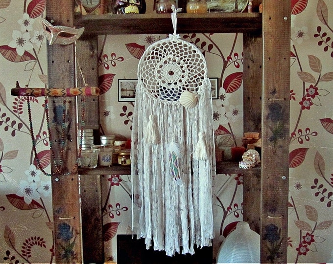 Gypsy Mermaid Dreamcatcher - Hippie Boho Bedroom Decor - White Dream Catcher - Boho Wall Hanging - Shells Dreamcatcher - Tassel Wall Decor