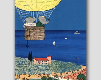 Hot Air Balloon Nursery Decor, Babar the Elephant Wall Art (Boys Blue Nursery Art, Baby Girls Room)