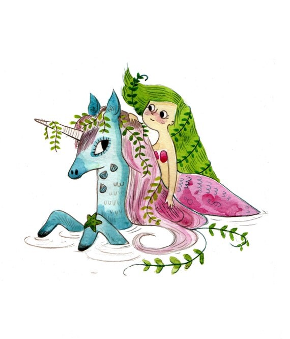 mermaid and unicorn art print mermaid painting unicorn gift