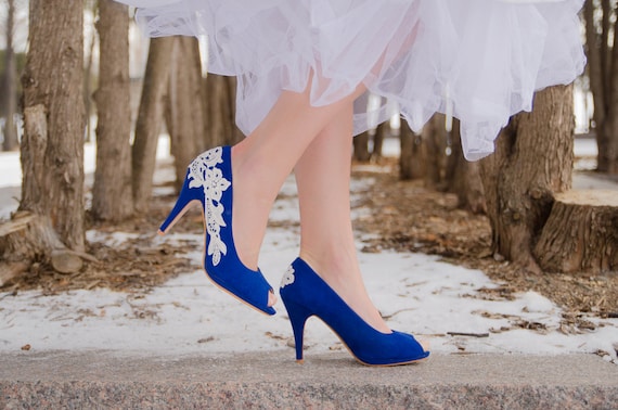 Blue Peep-Toe Heel with Ivory Lace