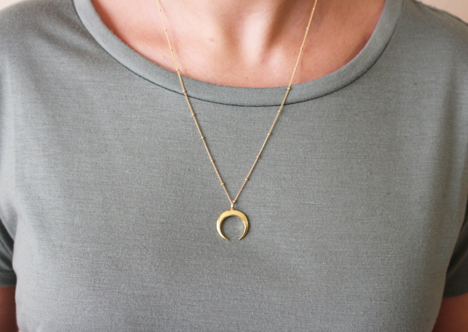 Gold Horn Necklace / Double Horn Necklace on a Beaded Chain