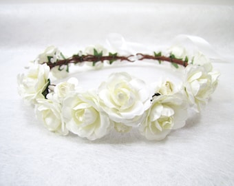 Flower Crown, Ivory Flower Headband, Floral Head Wreath, Wedding Headband, Bridesmaid Floral Crown, Flower Girls Floral Crown