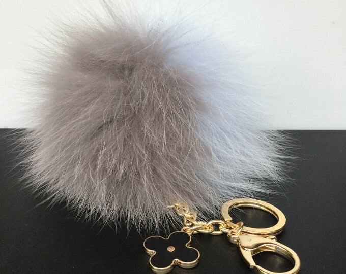 New! Pale Blue Grey FW'16 fox fur Pompon bag charm pendant Fur Pom Pom keychain keyring with flower charm