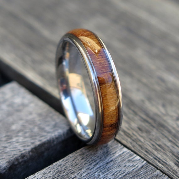 6mm Hawaiian Koa Wood Inlay Stainless Steel Unisex Ring