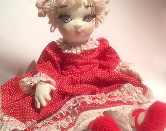 Vintage Soft Sculpture Cloth Doll with Embroidery Detail on Face