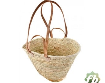 french baskets Natural Basket Flat Leather Handle Double : French Basket, Moroccan Basket, straw bag, french market basket, Beach Bag