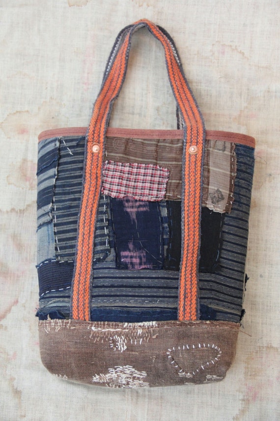 Japanese sashiko stitched stripe boro tote bag