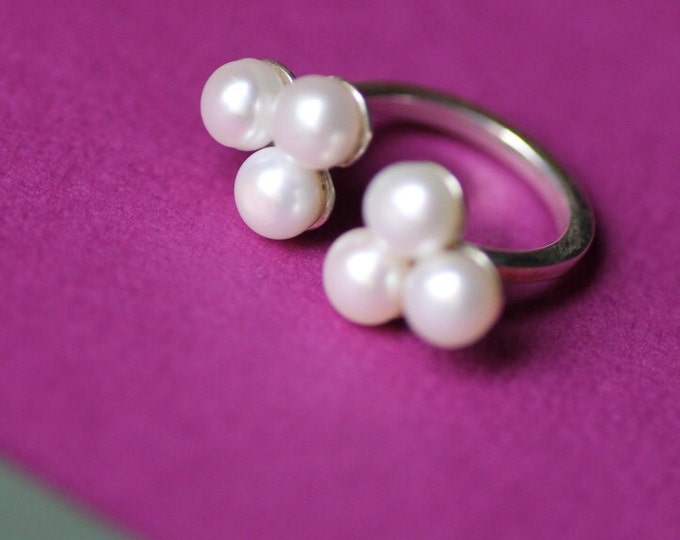 Double Ring Pearl ring Silver Ring with Pearls Silver ring Statement Ring Pearl Engagement Ring Womens ring