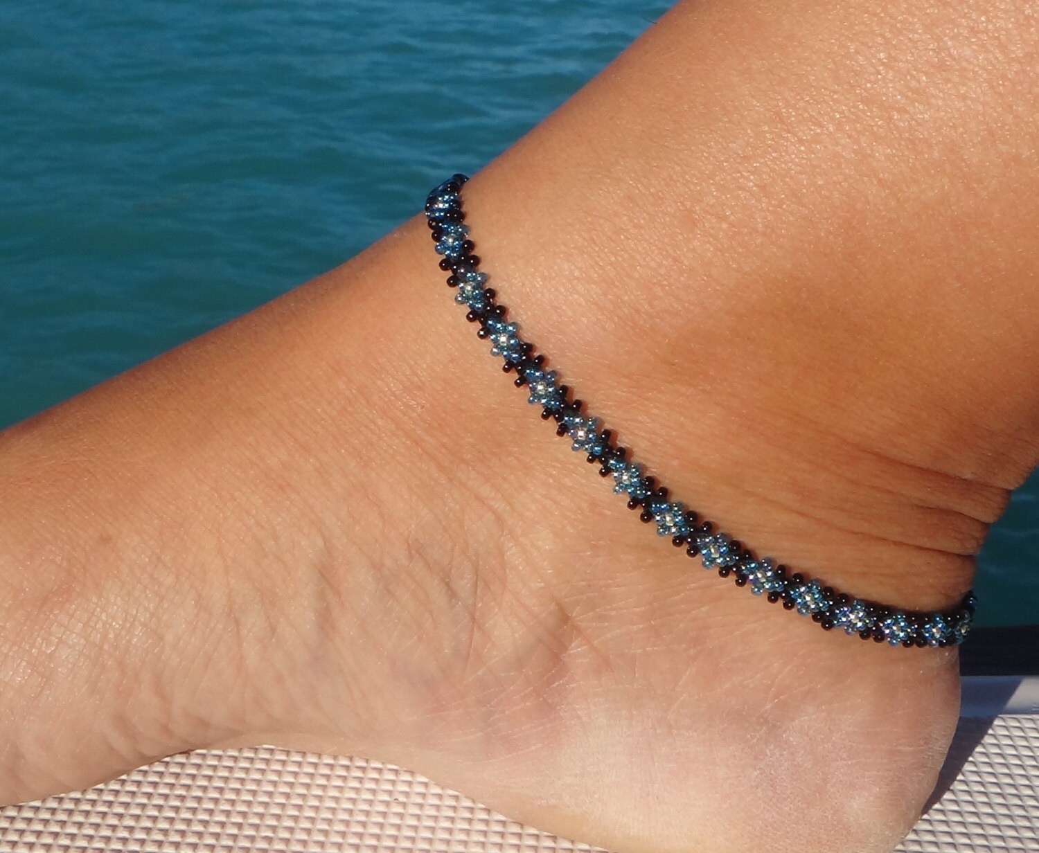Blue Beaded Anklet Daisy Chain Ankle Bracelet Seed Bead