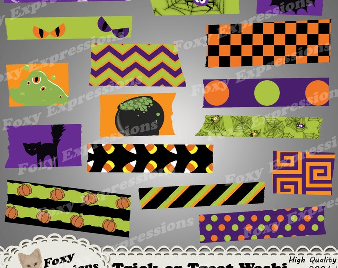 Trick or Treat Digital Washi Tape pack includes spooky designs including spiders in webs, ghosts, monsters, eyes, pumpkins, bat, cats & more