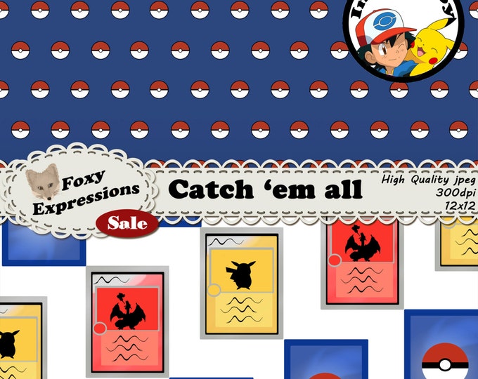 Catch 'em all digital paper inspired by Pokemon Designs include pokeball, trading card, pikachu, polka dots, chevron, lighting attack & more