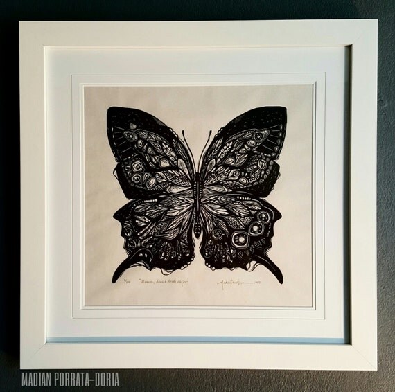 ORIGINAL BUTTERFLY LINOCUT linoleum blockprint handprinted