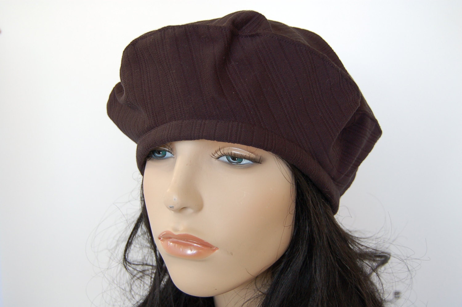 Black Beret French Tam Upcycled Cotton T Shirt Plaid Striped