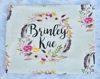 Personalized swaddle / snuggle organic cotton knit blanket / watercolor / boho / flower / floral wreath name / custom nursery / muslin