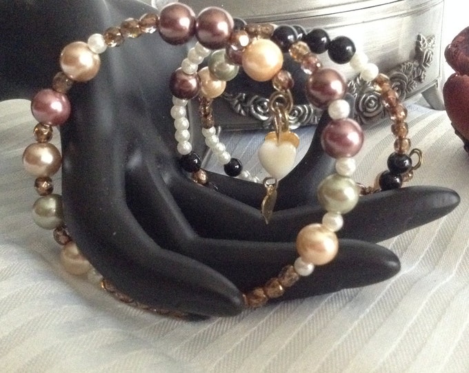 Glass Pearl Wrap Around 3 Heart Bracelet..with a tiny white Mother of Pearl Heart
