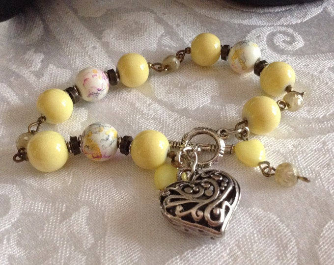 Yellow & Floral Glass Bead Heart Bracelet...Toggle Bracelet