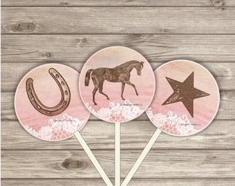 Horse Cupcake Toppers Pink Gold Party Circles 2 inch Girl Party girl Horse Riding Party Shabby Country Farm