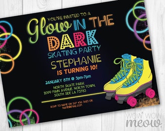 Glow in the Dark Roller Skating Invitations Skate Party Invite Birthday INSTANT DOWNLOAD Neon Girls Boys Personalize Editable Printable