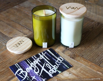 Recycled wine bottle candle - Bergamot + Tobacco soy wax with wood wick