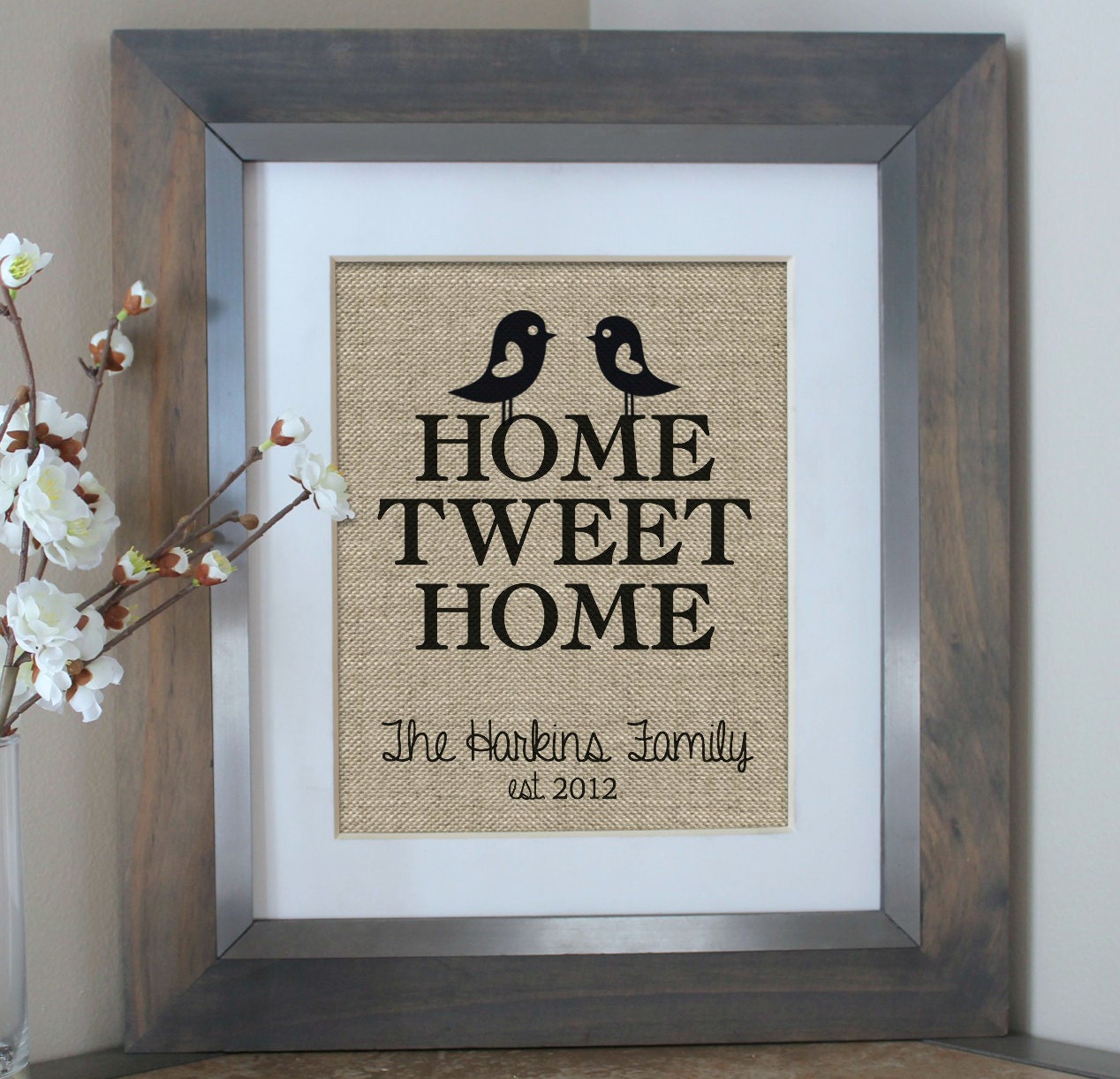 Home Tweet Home Burlap Print Bird Housewarming by EmmaAndTheBean